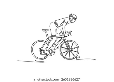 Desenho de uma linha contínua vista lateral desportista ativo em capacete de proteção montando bicicleta de cascalho. Atleta do sexo masculino no ciclismo sportswear na estrada. Ilustração gráfica vetorial de design de desenho de linha única