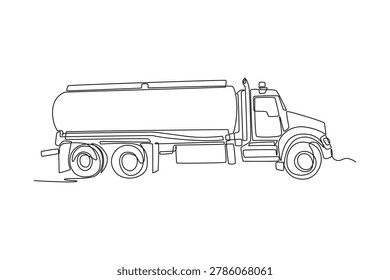 Continuous one line drawing side view of heavy industrial tanker truck. Detailing large cylindrical storage tank, multi axle wheels, driver cabin. Single line draw design vector graphic illustration