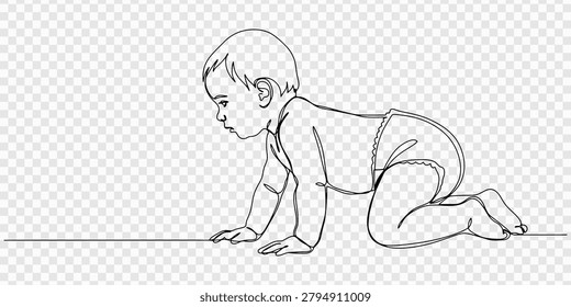 continuous one line drawing of side view of pretty crawling baby. Single continuous line art, transparent background, Drawing of side view of pretty crawling baby. one line Icon drawing with white.