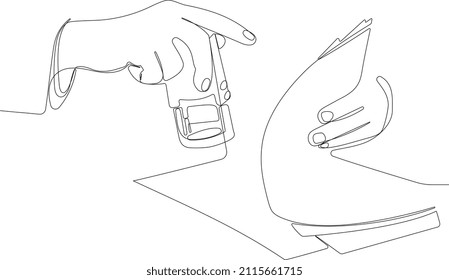 Continuous one line drawing of signing the contract and stamp on the document. Vector illustration. Minimal outline concept