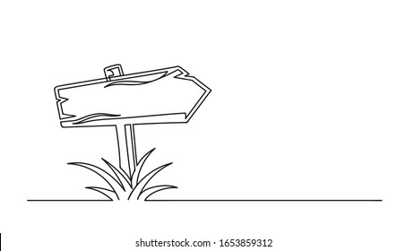 Continuous one line drawing of a signpost. Travel concept. Wood signpost isolated on a white background.  Vector illustration
