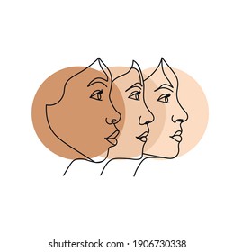 Continuous one line drawing silhouette of a cute,pretty, beautiful women. Vector illustration isolated on the white background.