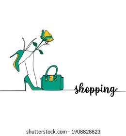 Continuous one line drawing silhouette of a beg and women shoes. Business concept. Lettering - shopping. Vector illustration isolated on the white background.