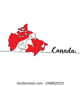 Continuous one line drawing silhouette of a map of Canada . Lettering - Canada. Vector illustration isolated on the white background.