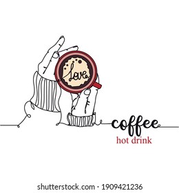 Continuous one line drawing silhouette of a coffee. Hot drink concept. Vector illustration isolated on white background.