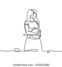 Continuous one line drawing silhouette of a beautiful pregnancy woman. Pregnancy concept. Health icon. Vector illustration isolated on the white background.