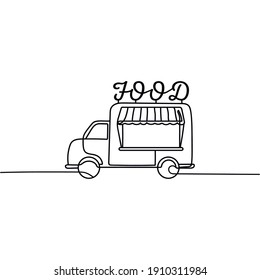 Continuous one line drawing silhouette of a food truck . Business concept. Vector illustration isolated on the white background.