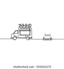 Continuous one line drawing silhouette of a food truck. Transportation concept.Vector illustration isolated on the white background.