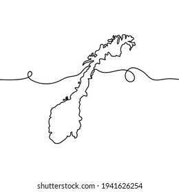 Continuous one line drawing of silhouette country Norway. Minimal style. Perfect for cards, party invitations, posters, stickers, clothing.