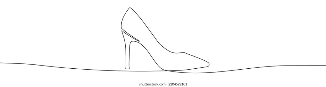 Continuous one line drawing silhouette of women's shoes. The shoes linear icon. One line drawing background. Vector illustration. Linear women's shoes background