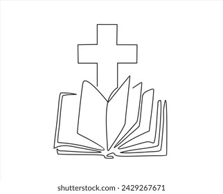 Continuous one line drawing silhouette of Bible. Bible linear icon. One line drawing background. Vector illustration. Line art of Bible