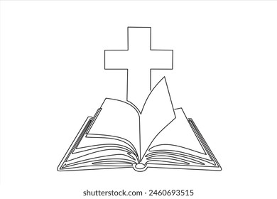 Continuous one line drawing silhouette of Bible. Bible linear icon. One line drawing background. Vector illustration. Line art of Bible