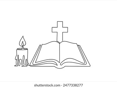 Continuous one line drawing silhouette of Bible and candle. Bible linear icon. One line drawing background. Vector illustration. Line art of Bible