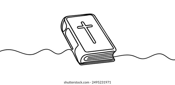 Continuous one line drawing silhouette of Bible. Bible linear icon. One line drawing background. Vector illustration. Line art of Bible