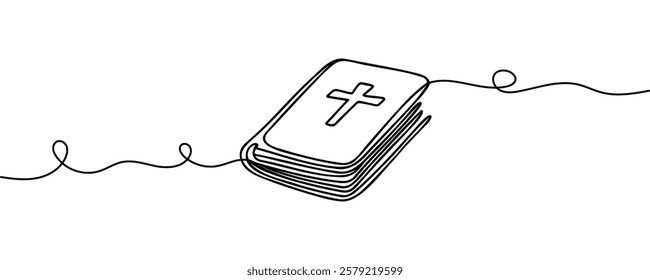 Continuous one line drawing silhouette of Bible. Bible linear icon. One line drawing background. Vector illustration. Line art of Bible