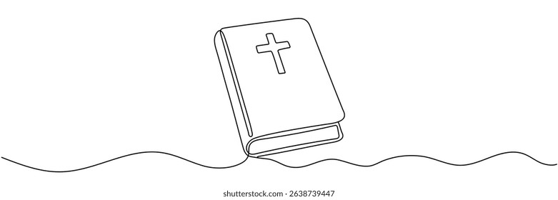 Continuous one line drawing silhouette of Bible. Bible linear icon. One line drawing background. Vector illustration. Line art of Bible Editable troke