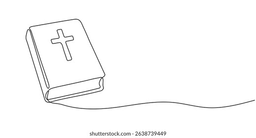 Continuous one line drawing silhouette of Bible. Bible linear icon. One line drawing background. Vector illustration. Line art of Bible Editable troke