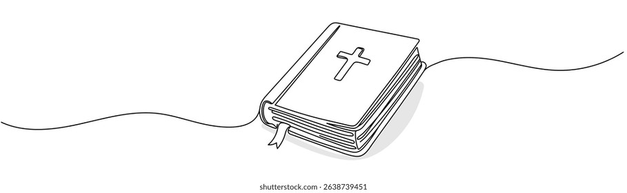 Continuous one line drawing silhouette of Bible. Bible linear icon. One line drawing background. Vector illustration. Line art of Bible Editable troke