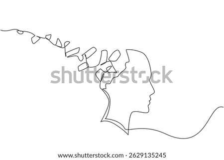 Continuous one line drawing silhouette of head with the back ripped off and turned into paper shreds. Difficulty thinking logically World Schizophrenia Day. Single line draw design vector illustration