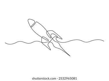 Continuous one line drawing of simple retro spacecraft flying up to the outer space nebula vector illustration