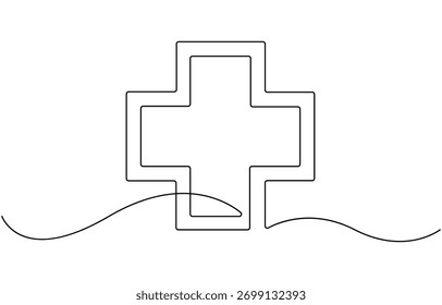 Continuous one line drawing of a simple medical cross or plus sign.
