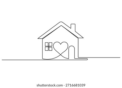 Continuous one line drawing of a simple house with a heart and chimney on white background	