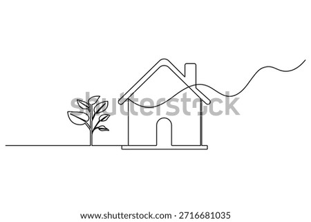 Continuous one line drawing of a simple house with a plant on white background	