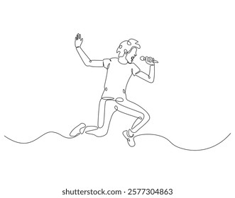 Continuous one line drawing of singer jump and holding microphone. One line drawing illustration of man singing and jump. Musician perfomance concept single line. Editable outline