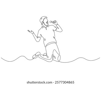 Continuous one line drawing of singer jump and holding microphone. One line drawing illustration of man singing and jump. Musician perfomance concept single line. Editable outline