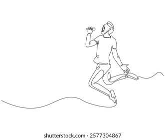 Continuous one line drawing of singer jump and holding microphone. One line drawing illustration of man singing and jump. Musician perfomance concept single line. Editable outline