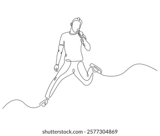 Continuous one line drawing of singer jump and holding microphone. One line drawing illustration of man singing and jump. Musician perfomance concept single line. Editable outline