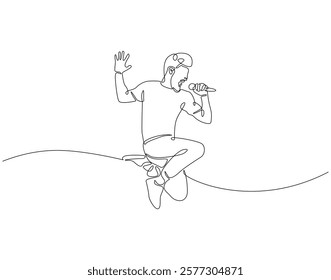 Continuous one line drawing of singer jump and holding microphone. One line drawing illustration of man singing and jump. Musician perfomance concept single line. Editable outline