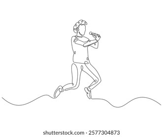 Continuous one line drawing of singer jump and holding microphone. One line drawing illustration of man singing and jump. Musician perfomance concept single line. Editable outline