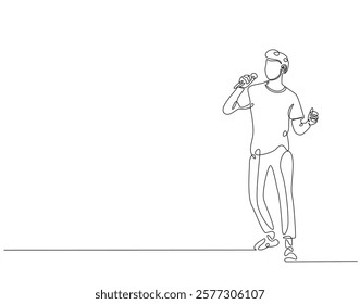 Continuous one line drawing of singer holding microphone. One line drawing illustration of man singing. Musician perfomance concept single line. Editable outline
