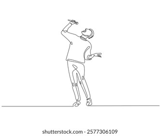 Continuous one line drawing of singer holding microphone. One line drawing illustration of man singing. Musician perfomance concept single line. Editable outline
