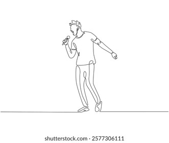 Continuous one line drawing of singer holding microphone. One line drawing illustration of man singing. Musician perfomance concept single line. Editable outline
