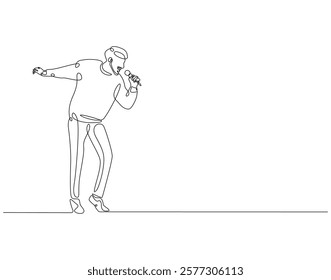 Continuous one line drawing of singer holding microphone. One line drawing illustration of man singing. Musician perfomance concept single line. Editable outline
