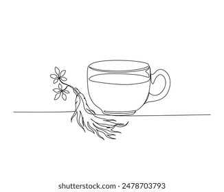 Continuous one line drawing of single tea cup with ginseng. Tea glass and ginseng single outline vector illustration. Editable stroke.