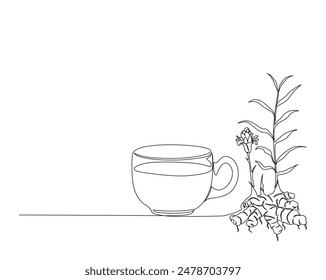 Continuous one line drawing of single tea cup with ginger. Tea glass and ginger single outline vector illustration. Editable stroke.