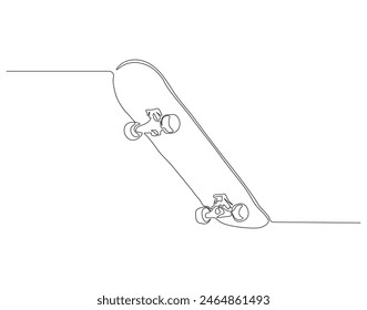 Continuous one line drawing of skateboard on street road. One line drawing illustration of skateboard. Extreme classic sport concept continuous line art. Editable outline.