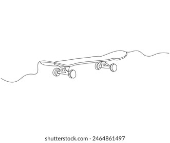 Continuous one line drawing of skateboard on street road. One line drawing illustration of skateboard. Extreme classic sport concept continuous line art. Editable outline.