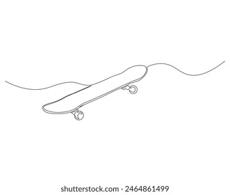 Continuous one line drawing of skateboard on street road. One line drawing illustration of skateboard. Extreme classic sport concept continuous line art. Editable outline.