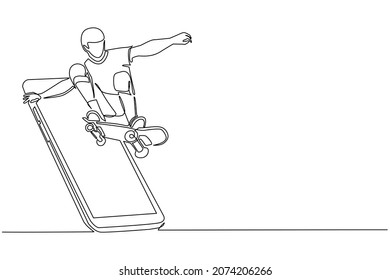 Kontinuierlich eine Linie zeichnen Skateboarder Mann Reiten Skateboard und Springen Trick aus dem Smartphone-Bildschirm. Spiele für mobile Sportarten. Online-Skateboard-Mobil-App. Einzeilige Zeichentechnik