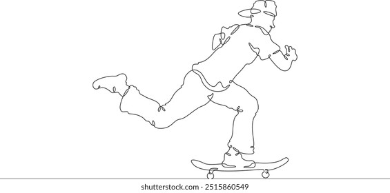 Continuous one line drawing skateboarder on a skateboard. Extreme sport. Skateboarder goes for a ride.  One continuous line isolated minimal illustration.