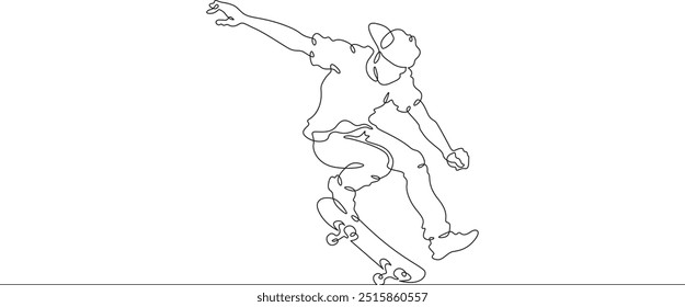 Continuous one line drawing skateboarder on a skateboard. Extreme sport. Skateboarder in a jump. Dangerous trick. One continuous line isolated minimal illustration.