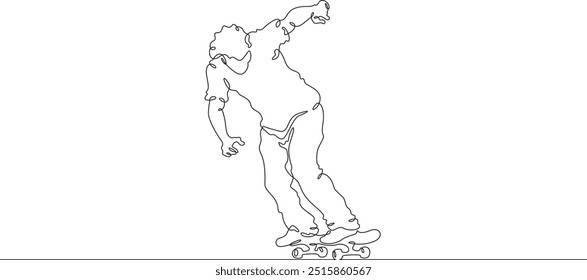 Continuous one line drawing skateboarder on a skateboard. Extreme sport. Skateboarder goes for a ride.  One continuous line isolated minimal illustration.