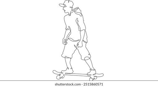 Continuous one line drawing skateboarder on a skateboard. Extreme sport. Skateboarder goes for a ride.  One continuous line isolated minimal illustration.