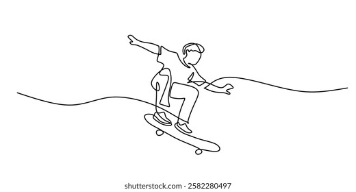 Continuous one line drawing of a skateboarder executing a freestyle move. Symbol of agility, street culture, and urban sports. Vector illustration hand drawn.