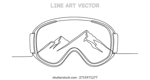 Desenho contínuo de uma linha de óculos de esqui com picos de montanha refletidos no interior. Equipamento minimalista de esportes de inverno para aventura e viagem. Conceito de recreação ao ar livre. Ilustração vetorial