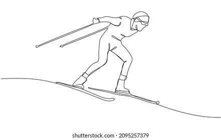 Continuous one line drawing of skier athlete. Skiing competition. Winter season sport. Vector illustration	